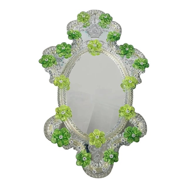 Contemporary Venetian Oval Green Floral Hand-Carved Mirror by Simoeng For Sale - Image 3 of 7