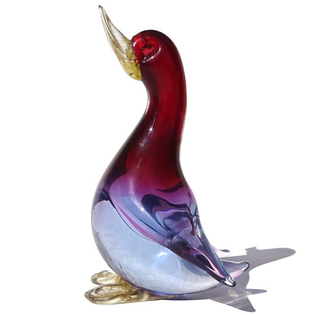 Beautiful vintage Murano hand blown Sommerso red, purple, blue and gold flecks Italian art glass bird figure / sculpture....