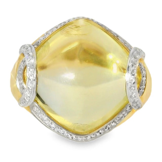 Beautiful 14K Yellow Gold Diamond Cabochon Lemon Quartz Ring. This elegant estate piece features a luminous cabochon lemon...