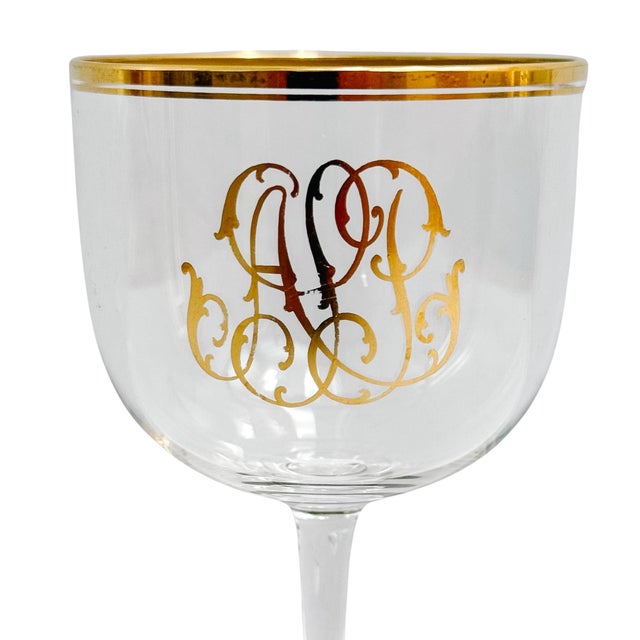 Hollywood Regency Vintage Hollywood Regency Gold Monogrammed Crystal Wine Glasses - Set of 8 For Sale - Image 3 of 5