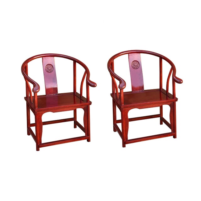 Pair Chinese Horseshoes Back Reddish Brown Stain Armchairs For Sale - Image 4 of 8