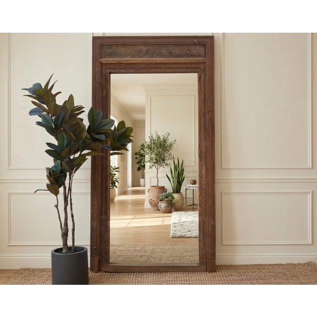 Indian Antique Diamond Rosette Carved Floor Mirror For Sale - Image 3 of 8