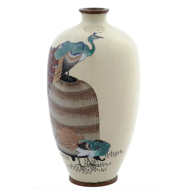 Japanese Antique Meiji Japanese Cloisonne Enamel With Pair of Peacocks For Sale - Image 3 of 8