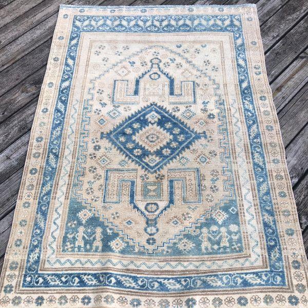 Tribal Antique Rug | Soft Blue & Ivory Geometric Design | 4'1" X 5'9" For Sale - Image 3 of 6