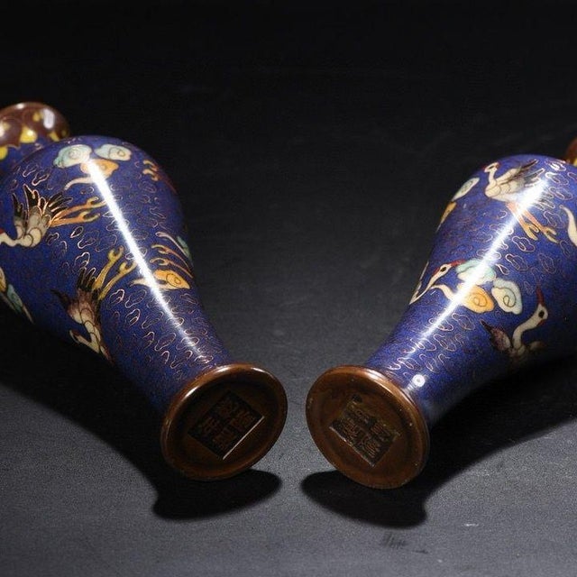 Late 20th Century Pair of Vintage Chinese Blue Cloisonné "Crane & Clouds" Vases - 1365g For Sale - Image 5 of 9