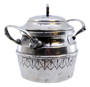 Silver Sugar Bowl with Frieze, Edge Engravings and Lid with Knob