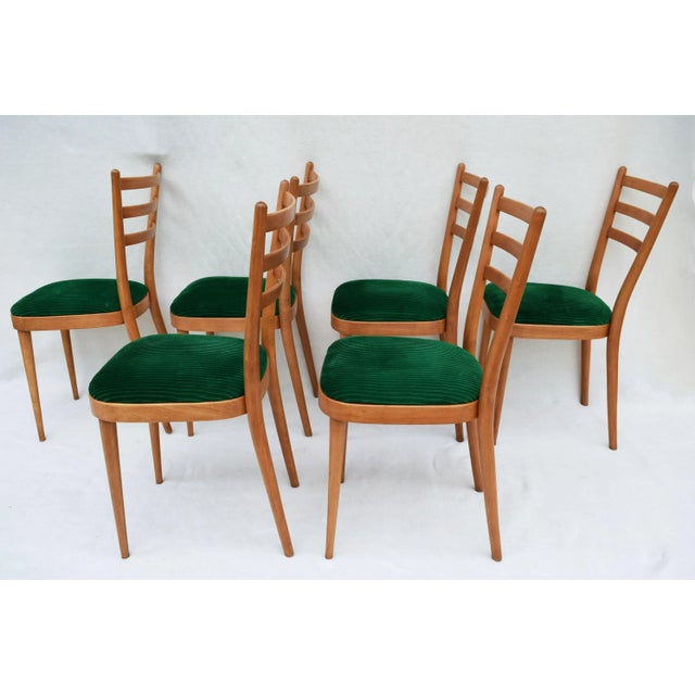 Set of 6 natural beechwood chairs with corduroy upholstered seat. Italian production 60s.