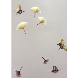 Hand Painted Ginkgo Leaf and Butterfly Wallpaper Mural, Minimalist Botanical Nature Wall Art For Sale