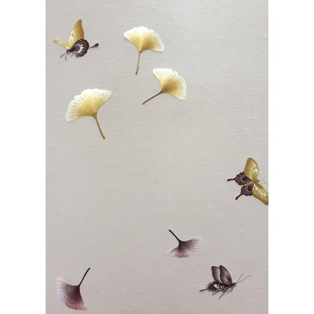 Hand Painted Ginkgo Leaf and Butterfly Wallpaper Mural, Minimalist Botanical Nature Wall Art For Sale