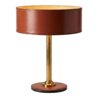 1950s Mid-Century Modern Leather Drum Lamp With Brass Accents Table Lamp, For Sale
