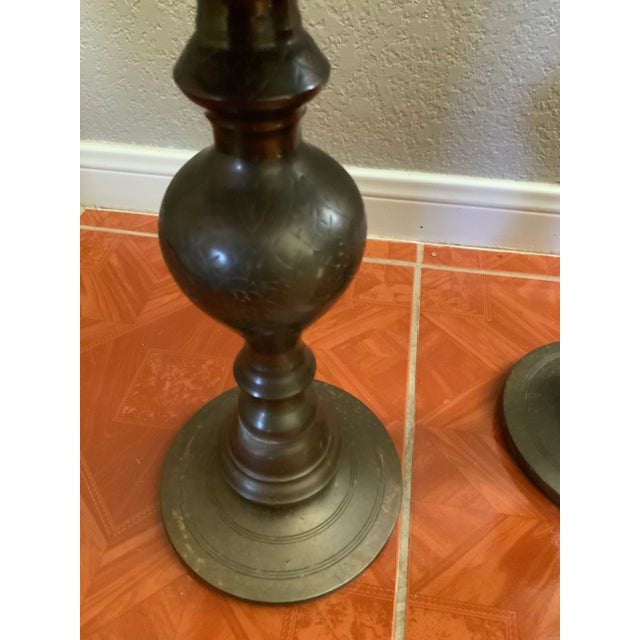 Metal Vintage 1970 Floral Engraved Brass Altar/Pillar Candlestick Holders- a Pair For Sale - Image 7 of 12