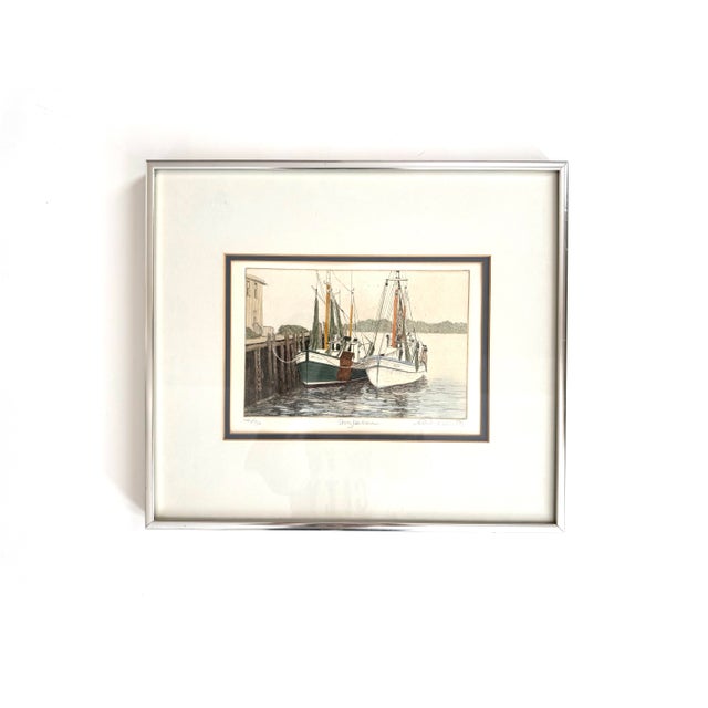 Blue Vintage Puget Sound Etching “Snug Harbor” San Juan Seattle PNW Carol Collette For Sale - Image 8 of 11
