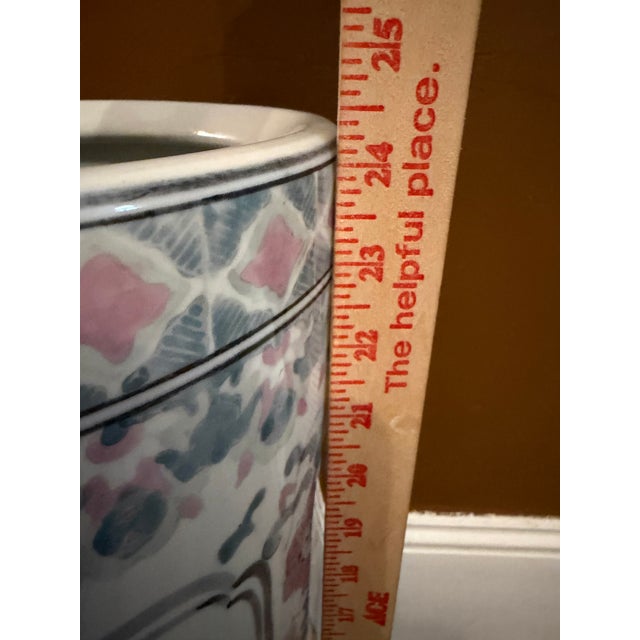 Vintage Ethan Allen 24" Chinoiserie Blue & Pink Umbrella Stand With Silver Trim For Sale - Image 6 of 9