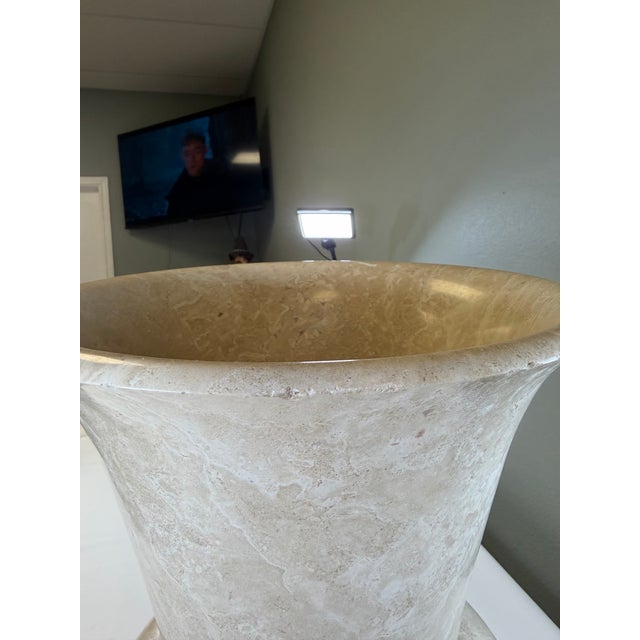 Neoclassical Large 20-Inch Hand-Carved Solid Alabaster Neoclassical Pedestal Urn Vase For Sale - Image 3 of 7