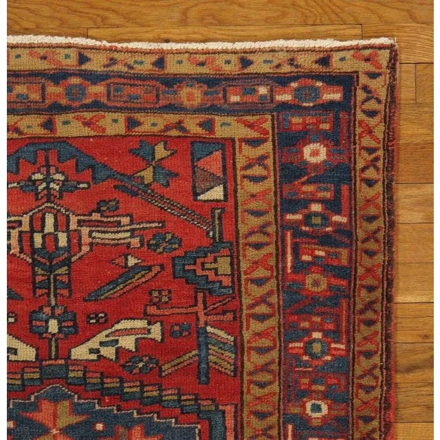 Traditional Antique Heriz Northwest Persian Runner, Handmade Rug Navy Blue, Red, Ivory For Sale - Image 3 of 4