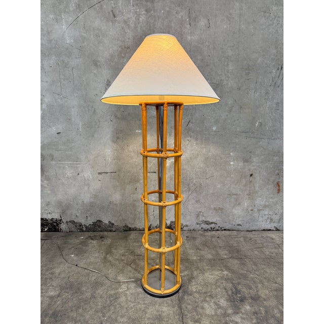 Brown Vintage Bamboo Rattan Floor Lamp Chrome Cage Column Organic Modern Boho For Sale - Image 8 of 8