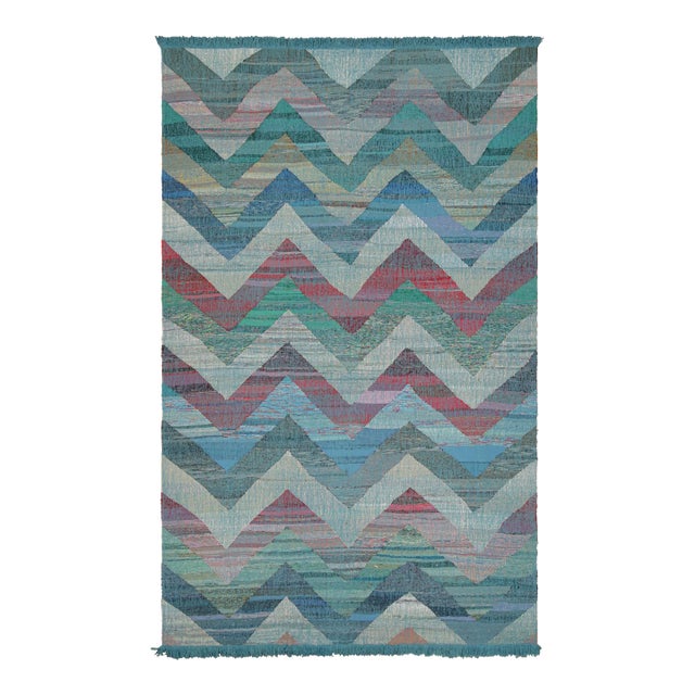 Rug & Kilim's Modern Geometric Wool Kilim Blue Green Multi-Color Chevron Pattern For Sale