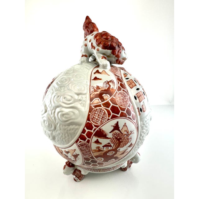 Vintage Mid 20th Century Japanese Imari-Style Porcelain Lidded Incense Burner With Foo Dog Finial For Sale - Image 9 of 12