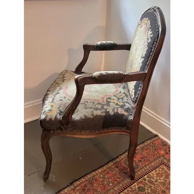 Late 19th Century Antique 19th Century French Louis XV Needlepoint Bergere, Fauteuil Chair With Bird and Dog Motif and Velvet Back For Sale - Image 5 of 10