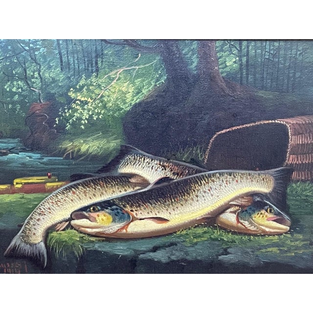 Antique Framed Scottish Angling Fishing Sporting Oil Painting – “Burn Trout” by James B. Russell, c.1914 Subject and...