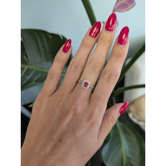 A rare AAA padparadscha sapphire glows in its signature pink-orange at the centre of this solid two-tone 14K white and...