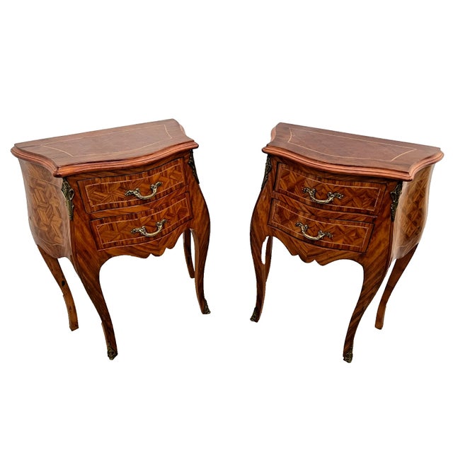 French Antique Pair of French Nightstand Tables, Two Drawers, Inlays, Brass Ormolu For Sale - Image 3 of 11