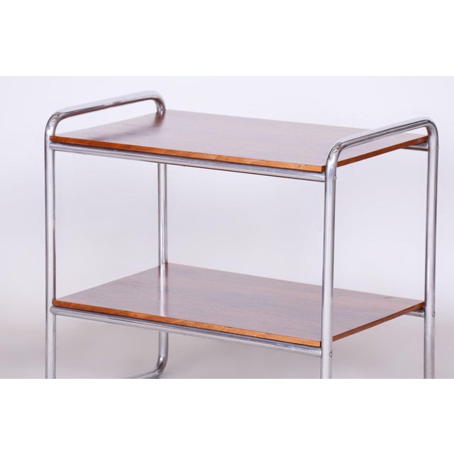 Restored Bauhaus Side Table. Source: Czechia Period: 1930-1939 Material: Walnut, Chrome-Plated Steel Our professional...
