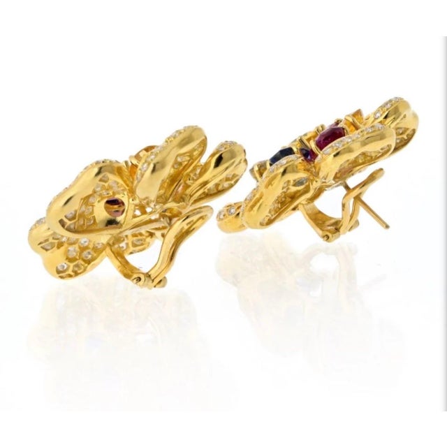 18K Yellow Gold Diamond & Multicolor Sapphire Flower Earrings by Designer Adler, A Pair For Sale - Image 4 of 18