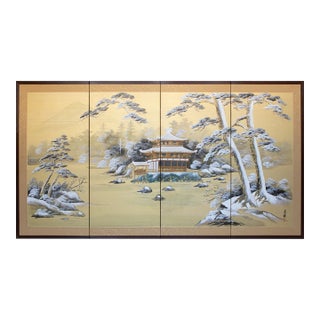 1960s "Winter Landscape With Temple", Showa Era Japanese Silk Byobu Screen For Sale