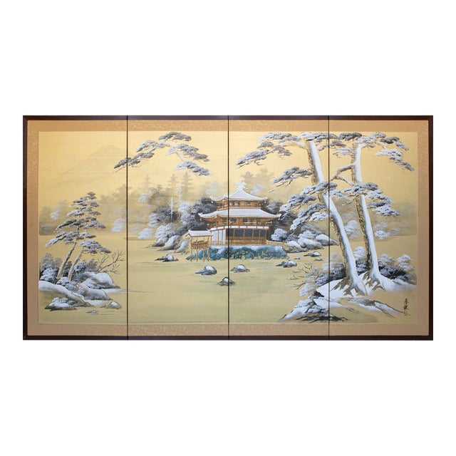1960s "Winter Landscape With Temple", Showa Era Japanese Silk Byobu Screen For Sale