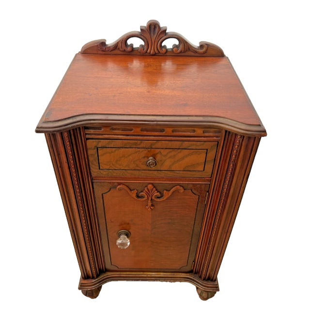 Antique Italian Nightstand Cabinet With Drawer Hand Carved Walnut and Mahogany For Sale - Image 4 of 13