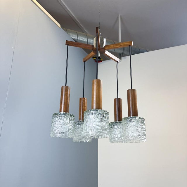 5-Light Cascade Lamp in Rosewood and Chrome with Textured Glass Shades, 1960s For Sale - Image 9 of 12