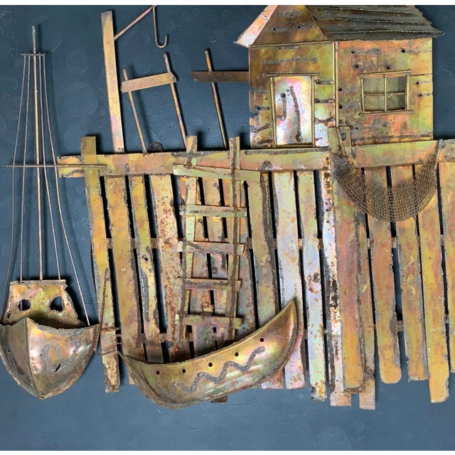 Curtis Jere Brutalist Curtis Jere Style Metal Wall Sculpture - Dock With Boats For Sale - Image 4 of 7