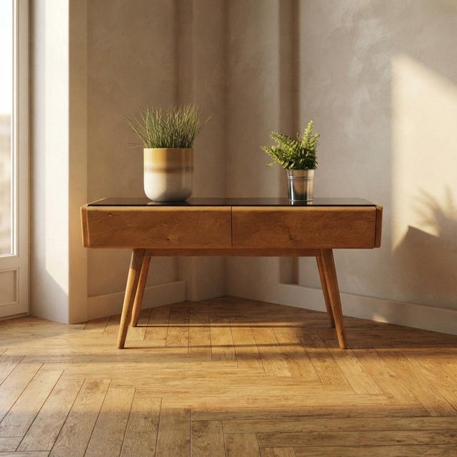 A distinctive vintage mid-century cabinet featuring a compact rectangular form, two spacious front drawers, and a...