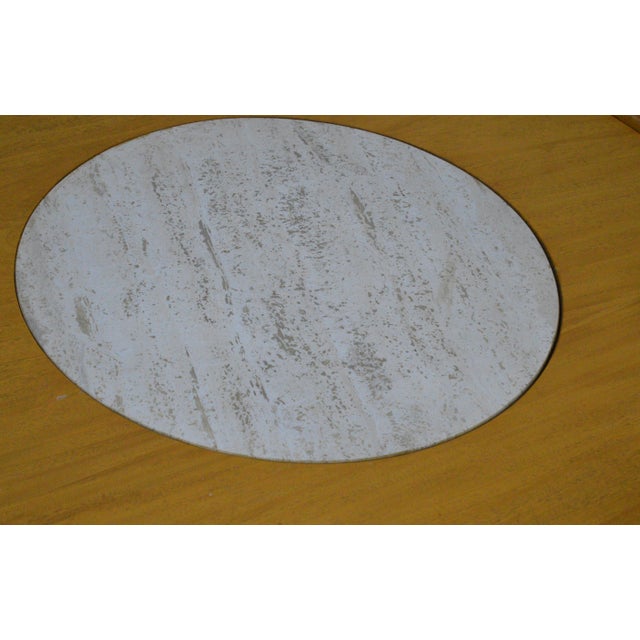1960s 1960s Mid Century Modern Wood Italian Travertine Insert Brass Trim Round Coffee Table For Sale - Image 5 of 9