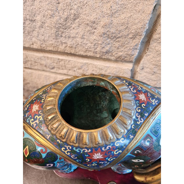 Turquoise 18th Century Important Pair Gilt Bronze and Cloisonne Elephant Altar Candle Holders For Sale - Image 8 of 13