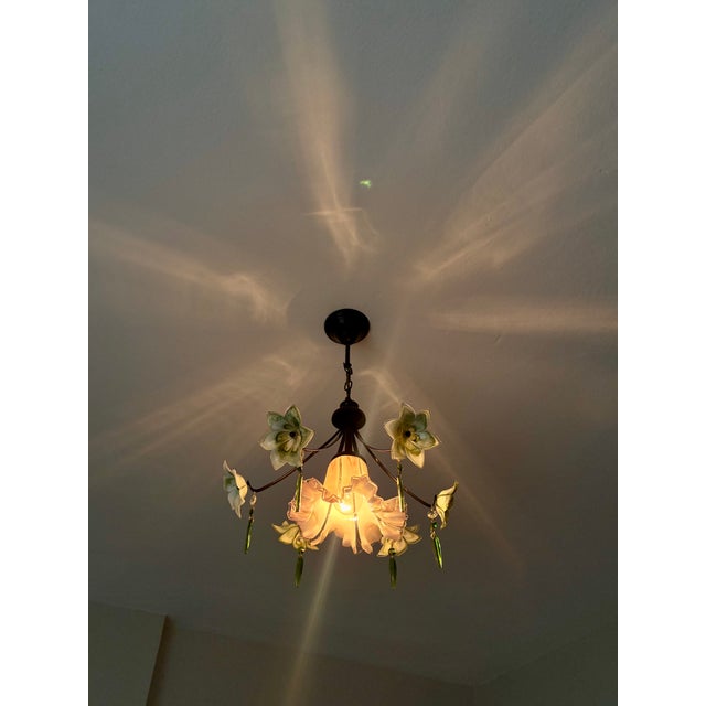 1980s Vintage Murano Style Chandelier – Rare Pink & Green Art Glass For Sale - Image 5 of 13