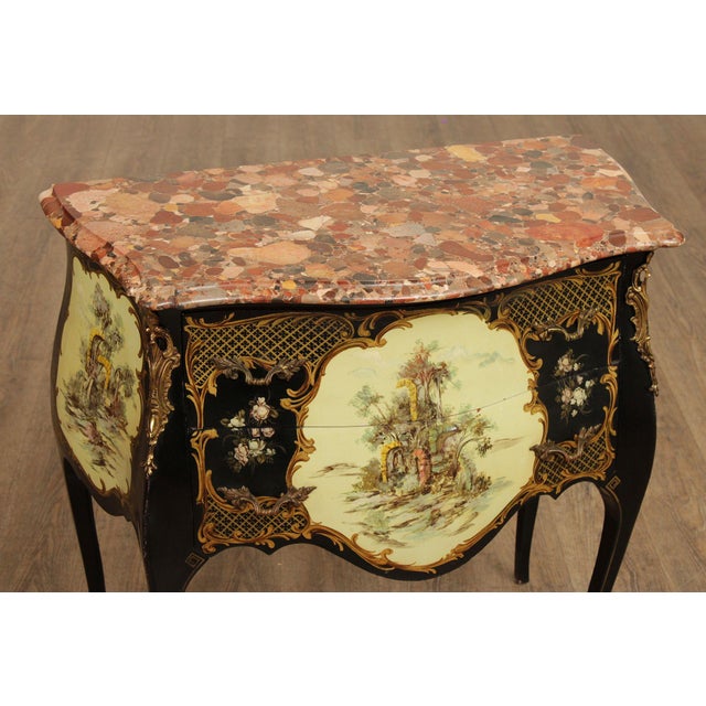Wood Louis XV Style Hand Painted Marble Top Bombe Commode For Sale - Image 7 of 12