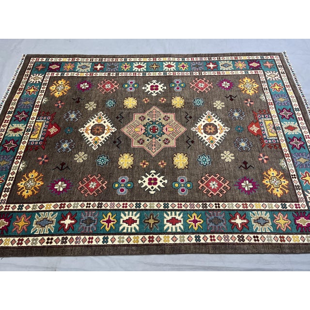 Textile Brown and Teal Kazak Rug With Star Medallion, 5'8" X 7'9" For Sale - Image 7 of 15