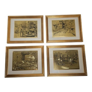 Vintage Lionel Barrymore Framed Brass Harbor Etchings – Set of 4 For Sale