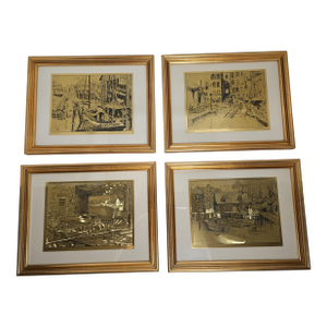 Vintage Lionel Barrymore Framed Brass Harbor Etchings – Set of 4