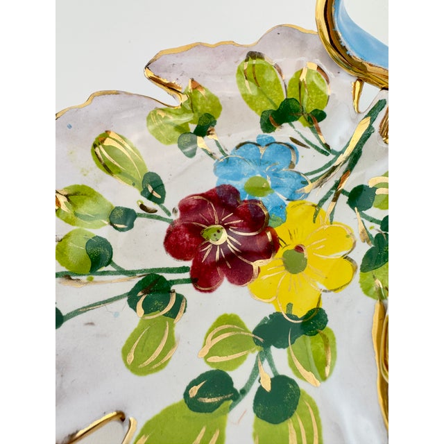 Blue Vintage Italian Majolica Style Floral Double Leaf Serving Dish With Blue Bow and Gold Gilt For Sale - Image 8 of 12