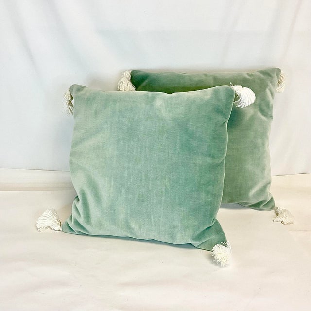 This is a pair of beautiful Sage-Mint Velvet pillows with white corner tassels. They are smaller at 13.5” x 13.5” and are...