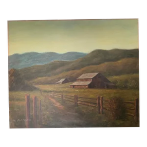 1980s "The Farm" Rustic Landscape Oil Painting on Canvas