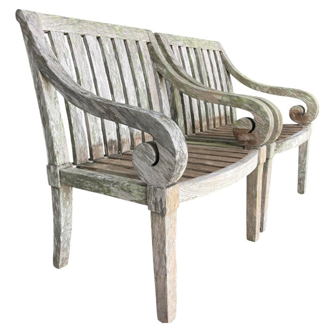 Vintage Weathered Hardwood Scroll Arm Garden Chairs With Natural Patina, a Pair For Sale - Image 4 of 12