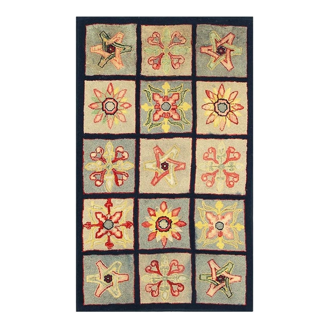 1880s Multi Antique Folk Art Geometric Americana Modern Hooked Knotted Wool Rug For Sale