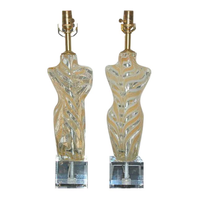 Murano Glass Female Nude Lamps Gold & White For Sale
