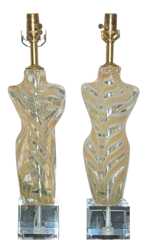 Murano Glass Female Nude Lamps Gold & White