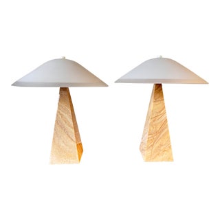 Modernist Obelisk Stone Lamps With Frosted Glass Shades - a Pair For Sale