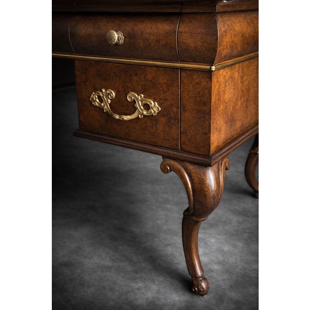Late 20th Century Queen Anne Style Burl Wood Executive Desk With Tooled Leather Writing Surface For Sale - Image 4 of 9